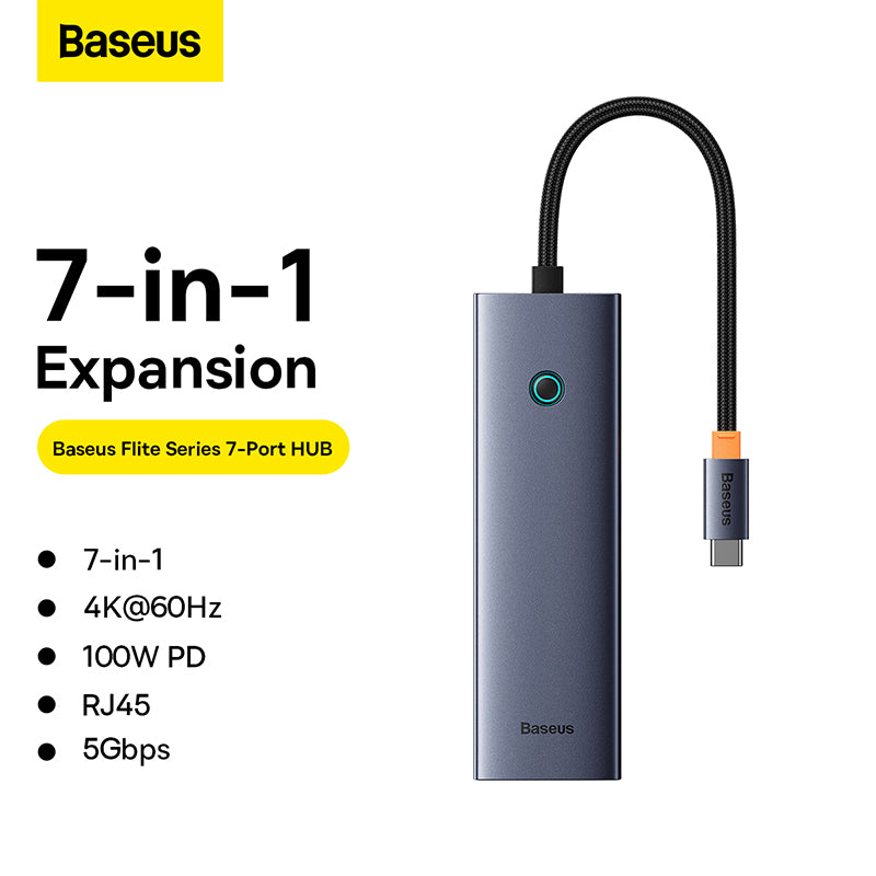 OS-Baseus UltraJoy Series 7-Port HUB Docking Station Space Grey Type-C to HDMI4K@60Hz*1+USB3.0*2+PD*1+RJ45*1+SD/TF3.0*1
