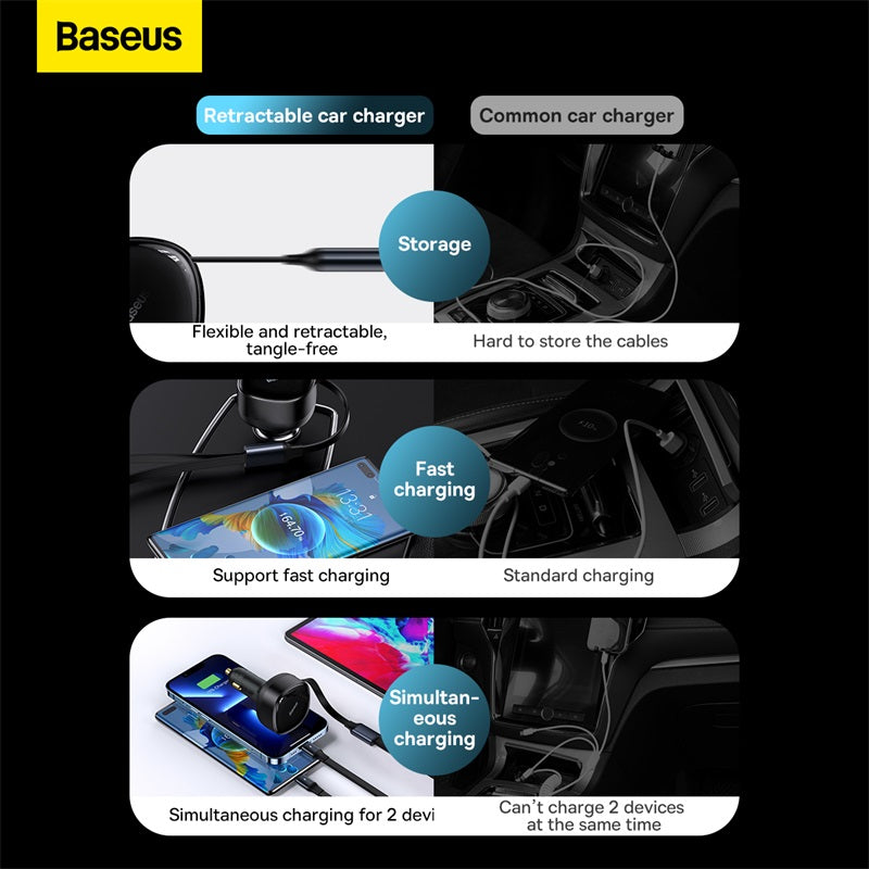 Baseus Enjoyment Retractable 2-in-1 Car Charger C+L 30W