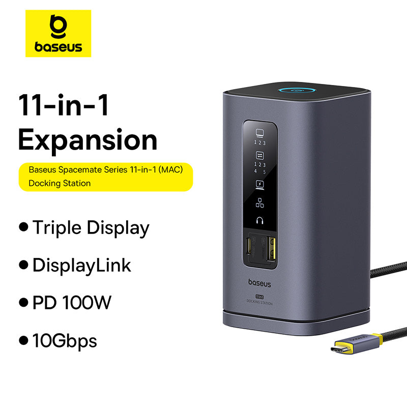 OS-Baseus Spacemate Series 11-in-1 (MAC) Docking Station Space Grey (USB-C to 3*HDMI 4K@60Hz+2*USB-A (10Gbps)+1*USB-C (10Gbps)+1*RJ45+2*USB-A (480Mbps)+1*USB-C (PD)+1*3.5mm Audio