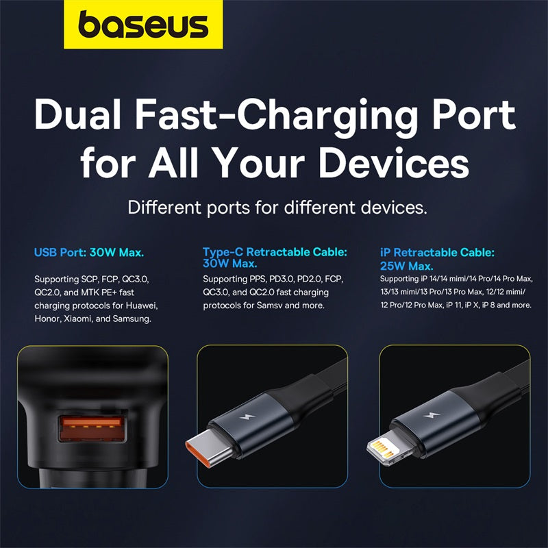 Baseus Enjoyment Pro Car Charger U+Retractable Type-C Cable 60W