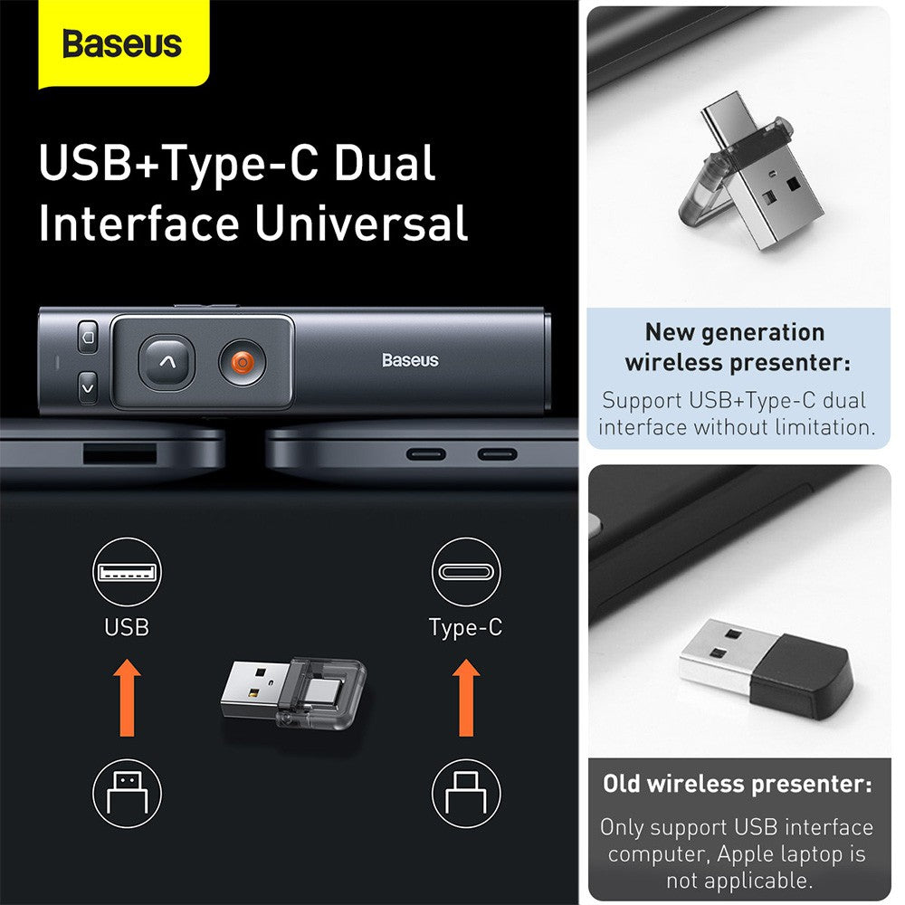 Baseus Orange Dot Wireless Presenter (Red Laser)-Grey