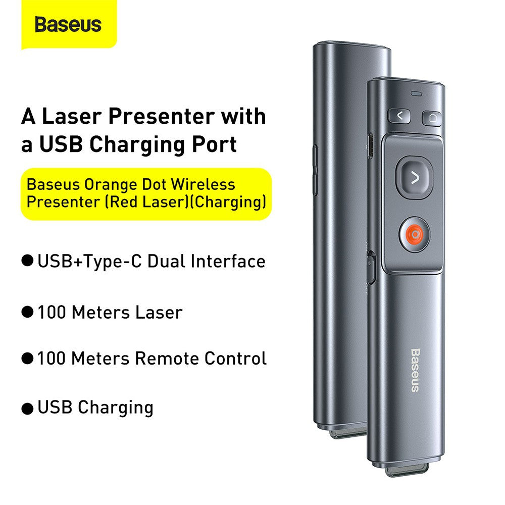 Baseus Orange Dot Wireless Presenter (Red Laser)-Grey