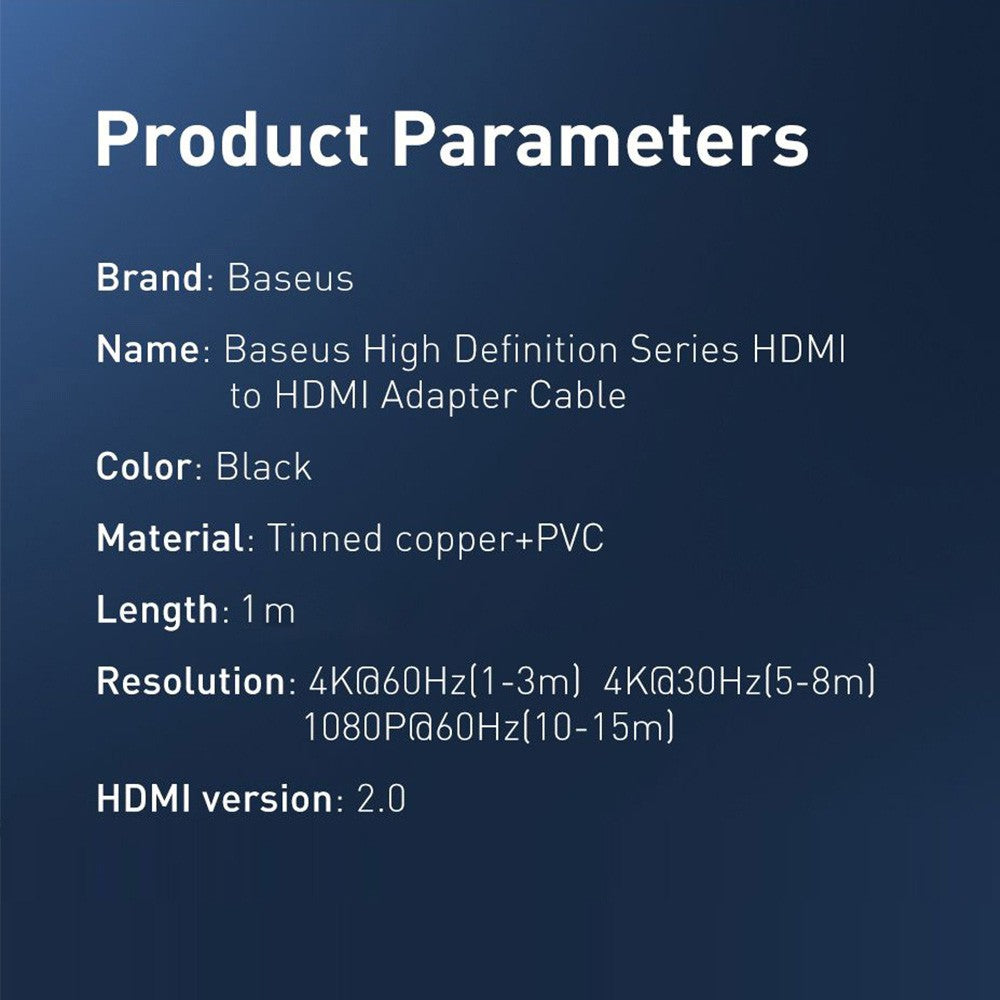 Baseus HDMI 2.0 cable 4K 60 Hz 3D HDR 18 Gbps CAKGQ-A01 1/3/5M-Black