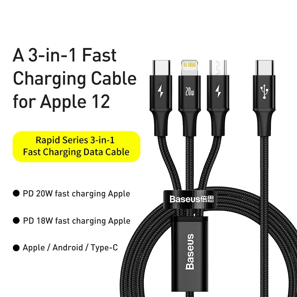Baseus Rapid Series 3-in-1 Fast Charging Data Cable Type-C to C+L+C PD 20W 1.5M-Black