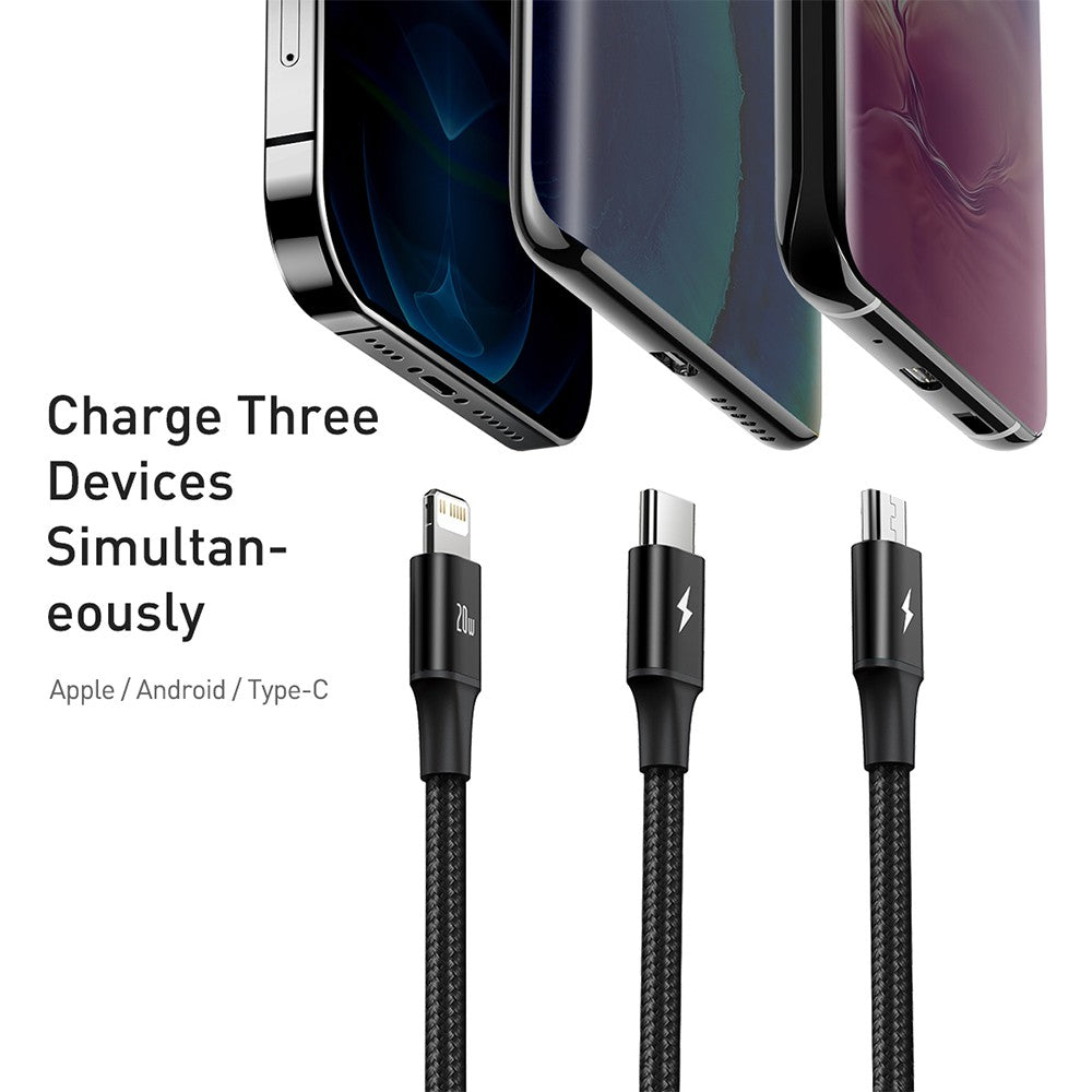 Baseus Rapid Series 3-in-1 Fast Charging Data Cable Type-C to C+L+C PD 20W 1.5M-Black