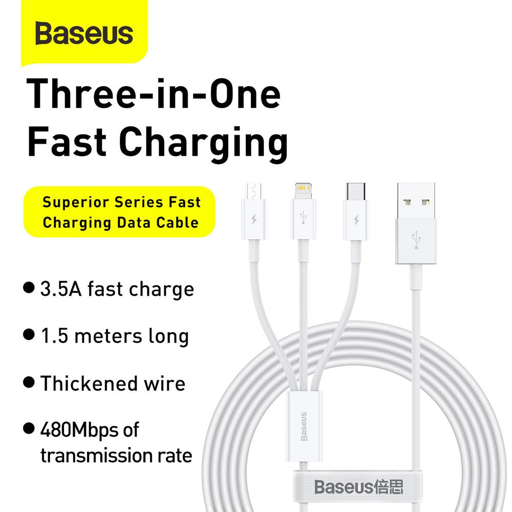 Baseus Superior Series Fast Charging Data Cable USB to M+L+C 3.5A 1.5m-White