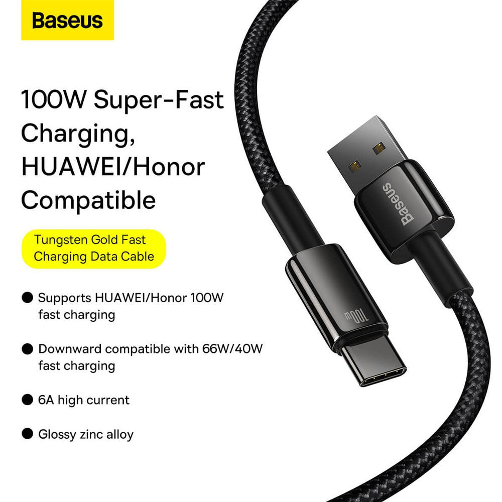 Baseus Tungsten Gold Fast Charging Data Cable USB to Type-C 100W 1/2m-Black