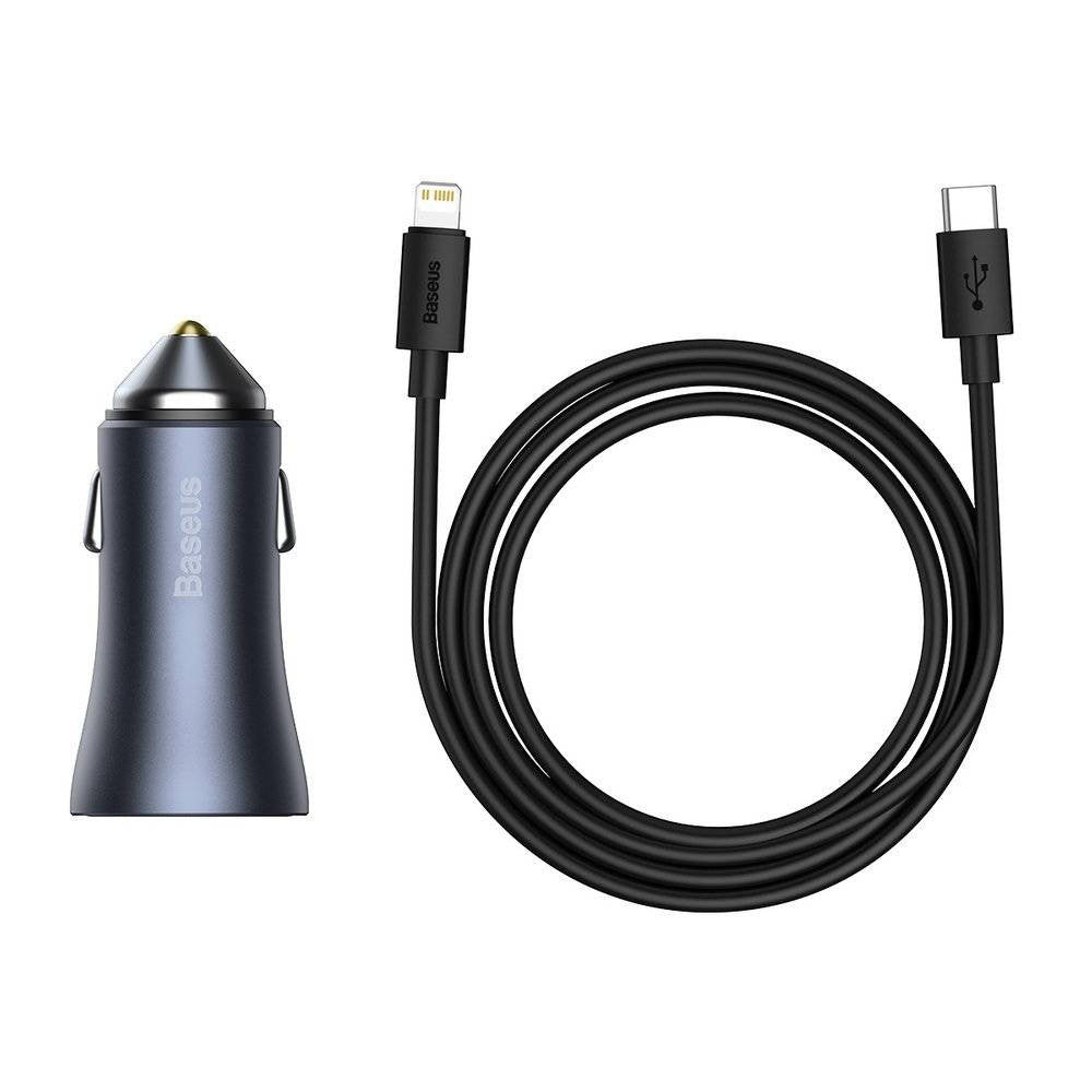 Baseus Golden Contactor Pro Dual Quick Charger Car Charger U+C 40W (With Simple Wisdom Data Cable Type-C to iP 1m)-Dark Gray