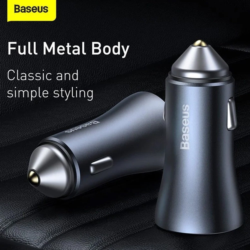 Baseus Golden Contactor Pro Dual Quick Charger Car Charger U+C 40W (With Simple Wisdom Data Cable Type-C to iP 1m)-Dark Gray