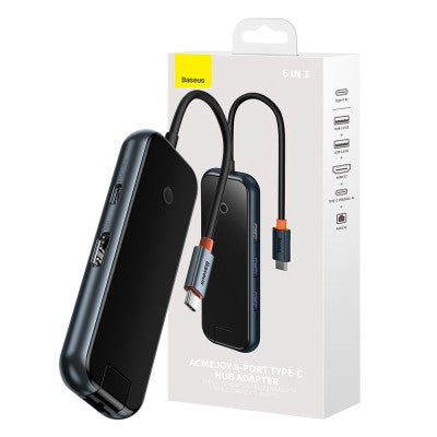 Baseus AcmeJoy 6-Port Type-C HUB Adapter (Type-C to HDMI*1+USB3.0*2+USB2.0*1+Type-C PD&Data *1+RJ45*1)-Dark Gray