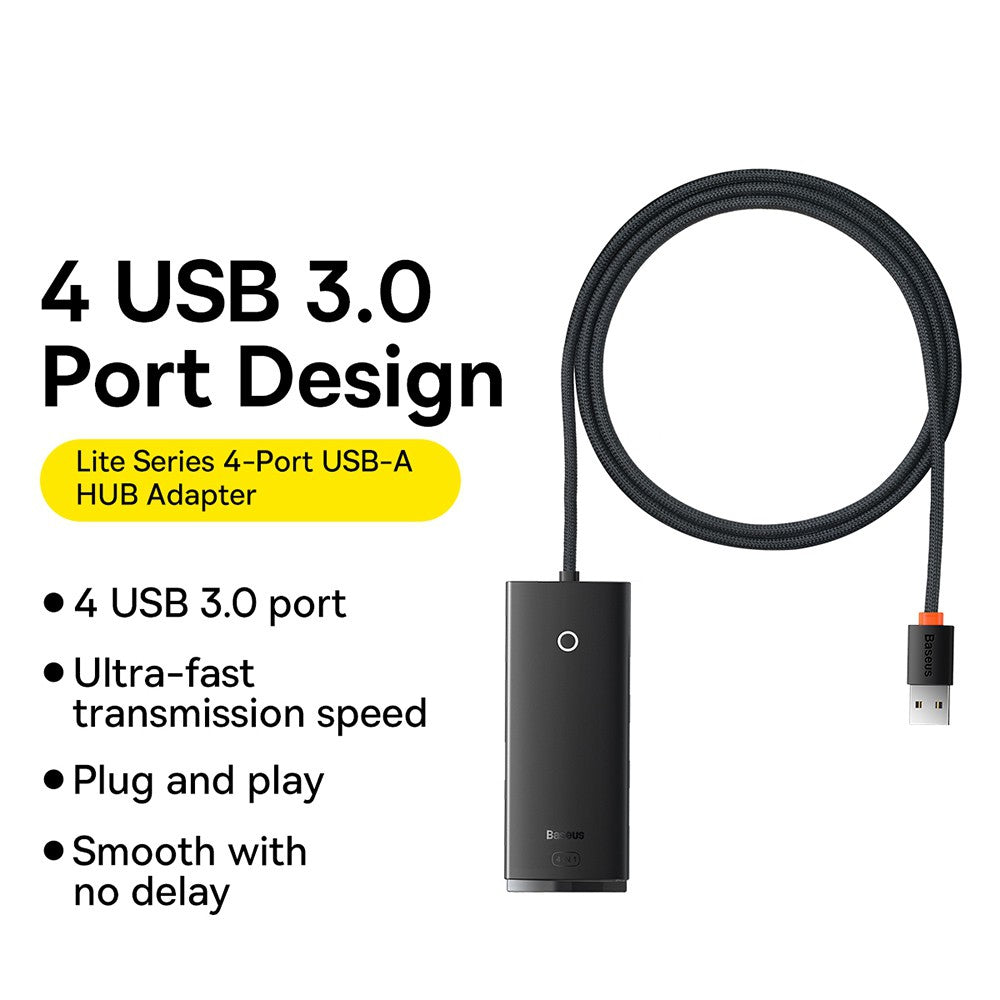 Baseus Lite Series 4-Port USB-A HUB Adapter (USB-A to USB 3.0*4 ) 1m-Black