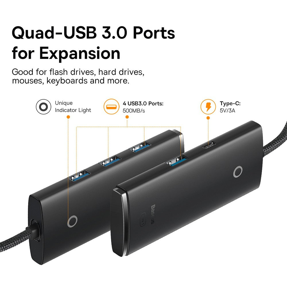 Baseus Lite Series 4-Port Type-C HUB Adapter (Type-C to USB 3.0*4 ) 25cm/1m-Black