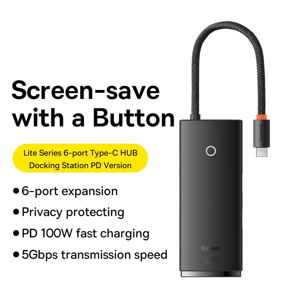 Baseus Lite Series 5-Port Type-C HUB Docking Station (Type-C to HDMI+USB3.0*3+PD)-Black