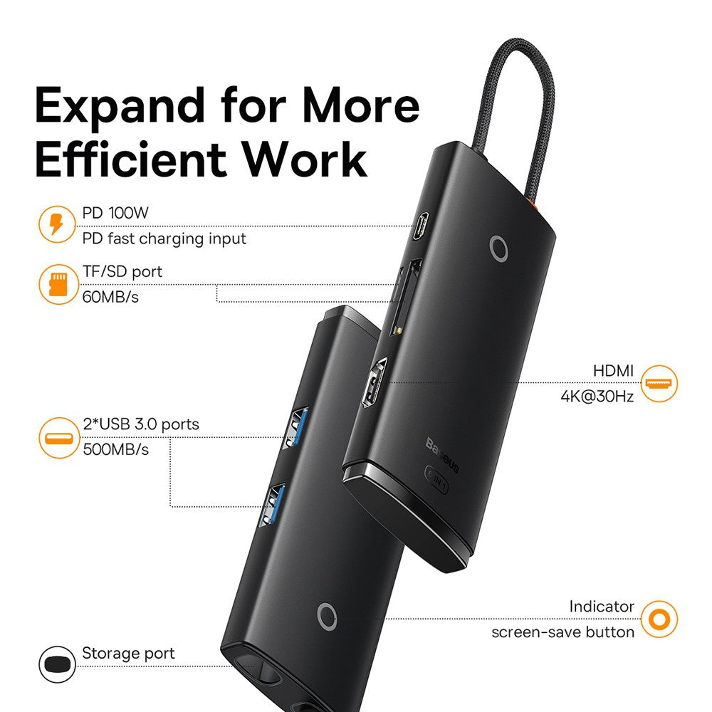 Baseus Lite Series 5-Port Type-C HUB Docking Station (Type-C to HDMI+USB3.0*3+PD)-Black