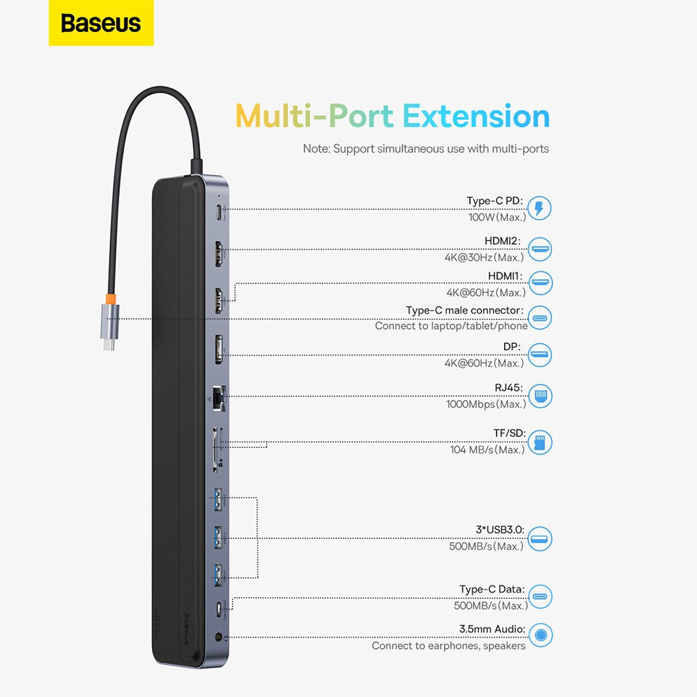 Baseus EliteJoy Gen2 12-Port Type-C HUB Adapter (Type-C to HDMI*2+USB3.0*3+PD*1+DP*1+SD/TF*1+RJ45*1+Type-C Data*1+3.5mm*1)-Dark Gray