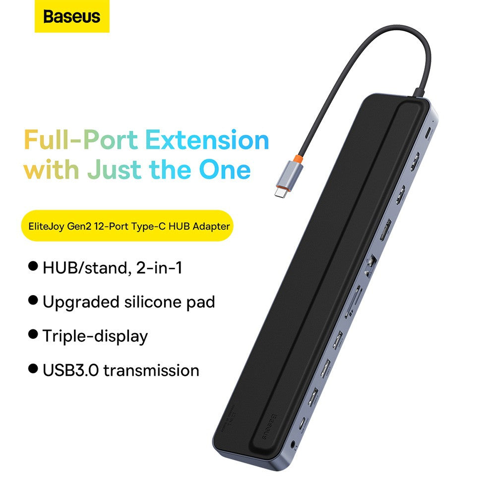 Baseus EliteJoy Gen2 12-Port Type-C HUB Adapter (Type-C to HDMI*2+USB3.0*3+PD*1+DP*1+SD/TF*1+RJ45*1+Type-C Data*1+3.5mm*1)-Dark Gray