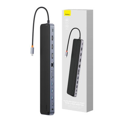 Baseus EliteJoy Gen2 12-Port Type-C HUB Adapter (Type-C to HDMI*2+USB3.0*3+PD*1+DP*1+SD/TF*1+RJ45*1+Type-C Data*1+3.5mm*1)-Dark Gray