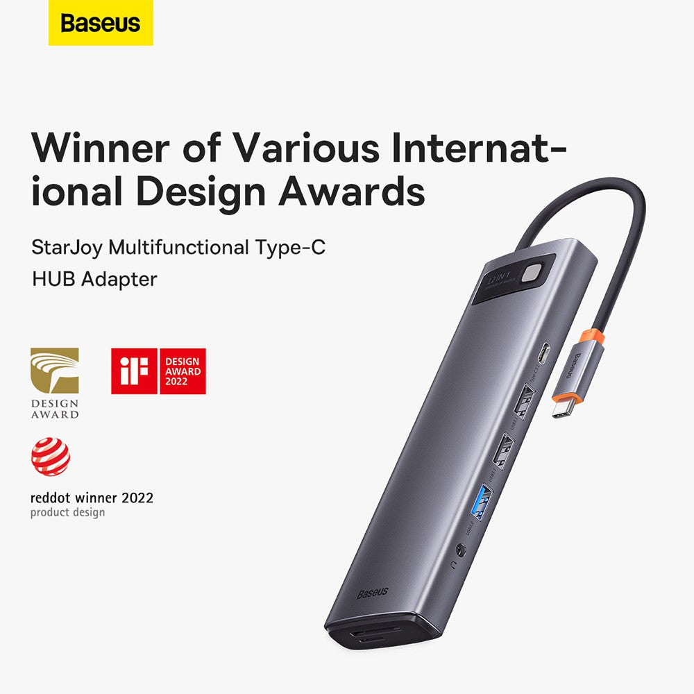 Baseus Metal Gleam Series 12-in-1 Multifunctional Type-C HUB Docking Station (Type-C to HDMI*1+USB3.1*2+USB3.0*2+Type-C3.1*1+PD*1+RJ45*1+SD/TF*1+DP*1+3.5mm*1)-Gray