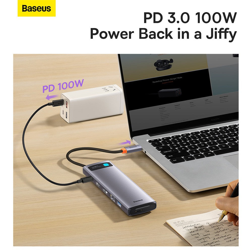 Baseus Metal Gleam Series 12-in-1 Multifunctional Type-C HUB Docking Station (Type-C to HDMI*1+USB3.1*2+USB3.0*2+Type-C3.1*1+PD*1+RJ45*1+SD/TF*1+DP*1+3.5mm*1)-Gray