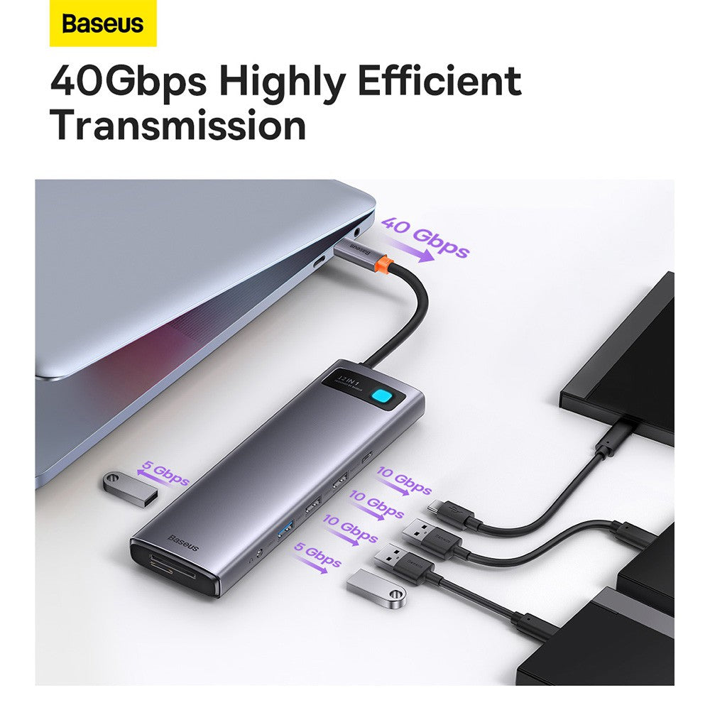 Baseus Metal Gleam Series 12-in-1 Multifunctional Type-C HUB Docking Station (Type-C to HDMI*1+USB3.1*2+USB3.0*2+Type-C3.1*1+PD*1+RJ45*1+SD/TF*1+DP*1+3.5mm*1)-Gray