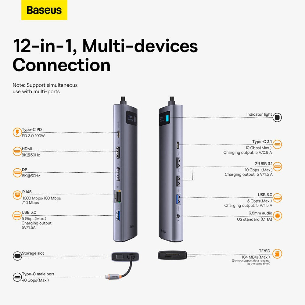 Baseus Metal Gleam Series 12-in-1 Multifunctional Type-C HUB Docking Station (Type-C to HDMI*1+USB3.1*2+USB3.0*2+Type-C3.1*1+PD*1+RJ45*1+SD/TF*1+DP*1+3.5mm*1)-Gray