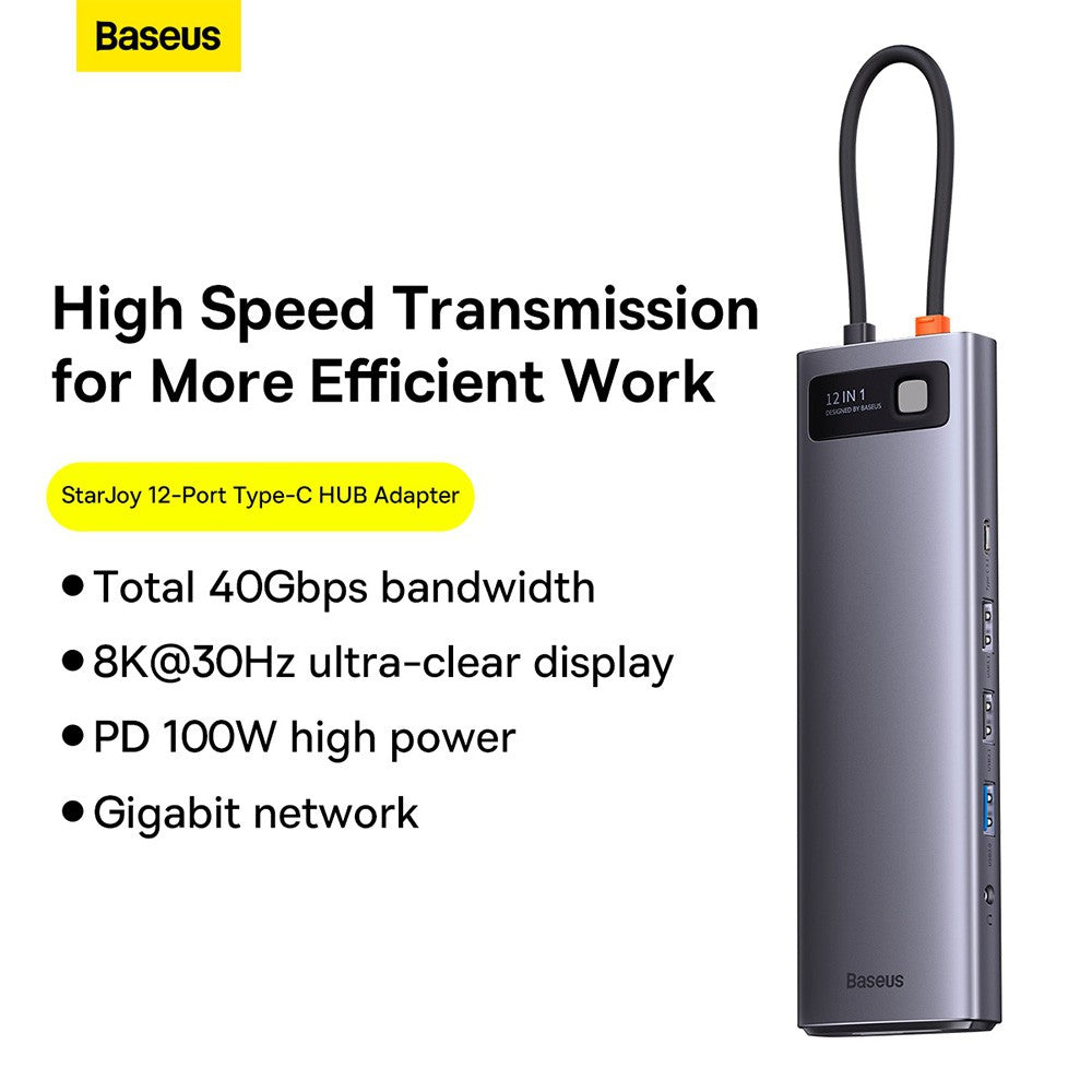 Baseus Metal Gleam Series 12-in-1 Multifunctional Type-C HUB Docking Station (Type-C to HDMI*1+USB3.1*2+USB3.0*2+Type-C3.1*1+PD*1+RJ45*1+SD/TF*1+DP*1+3.5mm*1)-Gray