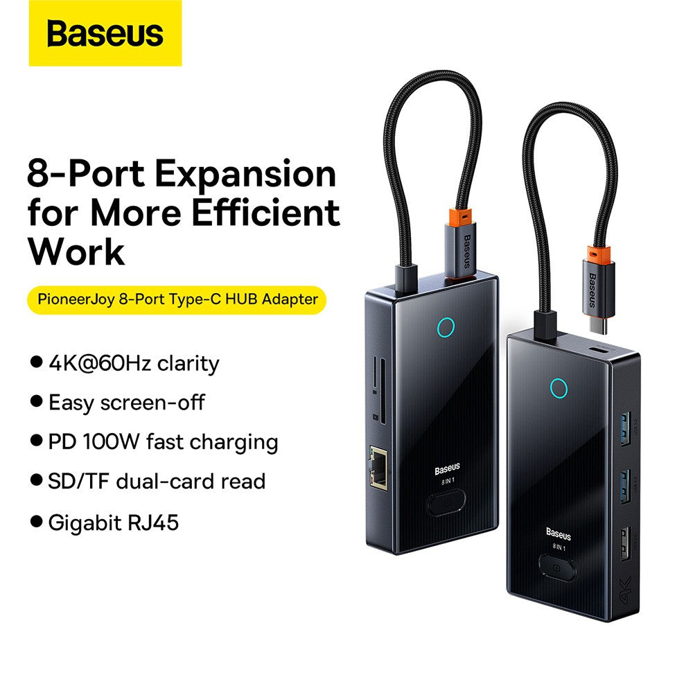 Baseus PioneerJoy 8-Port Type-C HUB Adapter (Type-C to HDMI4K@60Hz*1+USB3.0*2+USB2.0*1+PD*1+RJ45*1+SD/TF*1)-Gray