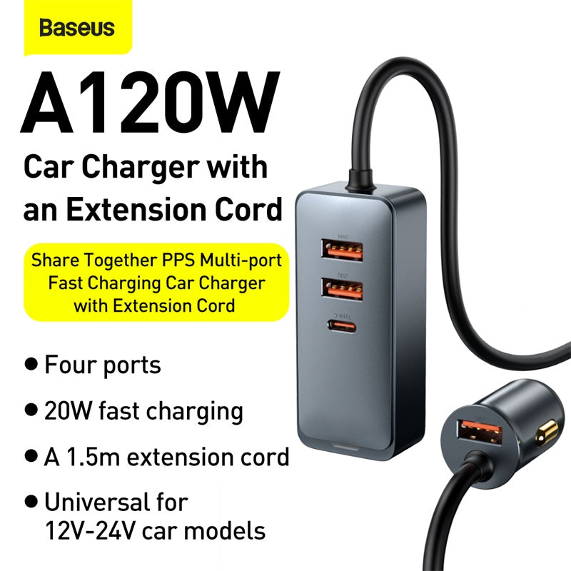 Baseus Share Together PPS Multi-port Fast Charging Car Charger with Extension Cord 120W