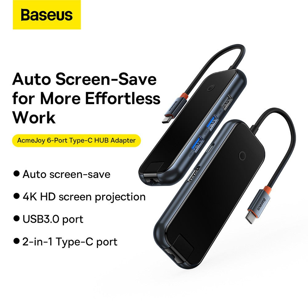 Baseus AcmeJoy 6-Port Type-C HUB Adapter (Type-C to HDMI*1+USB3.0*2+USB2.0*1+Type-C PD&Data *1+RJ45*1)-Dark Gray