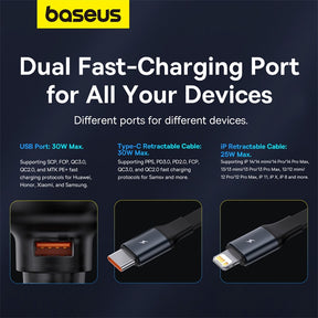Baseus Enjoyment Pro Car Charger U+Retractable Type-C Cable 60W