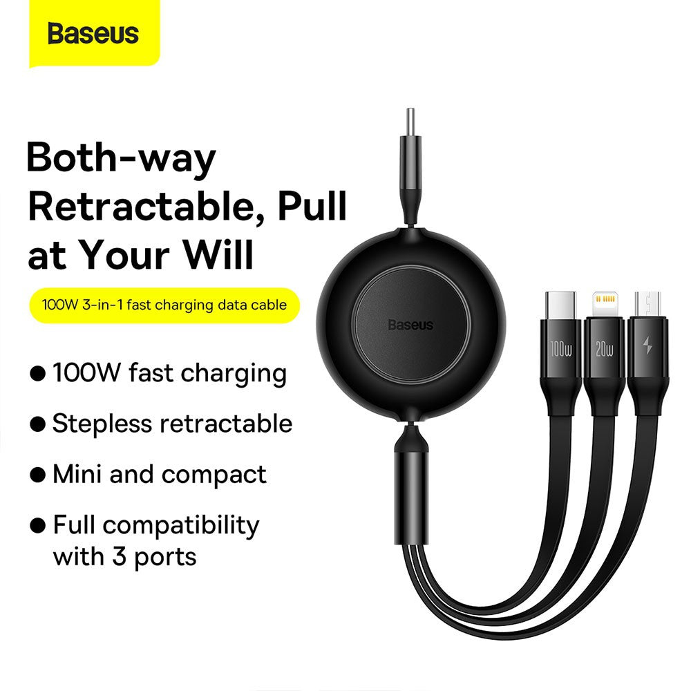 Baseus Bright Mirror 2 Series Retractable 3-in-1 Fast Charging  Data Cable Type-C to M+L+C 100W 1.1m