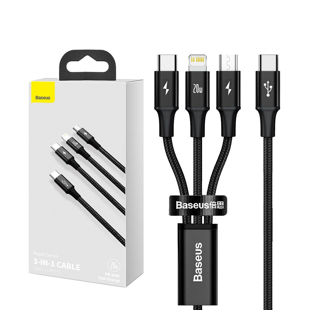 Baseus Rapid Series 3-in-1 Fast Charging Data Cable Type-C to C+L+C PD 20W 1.5M-Black