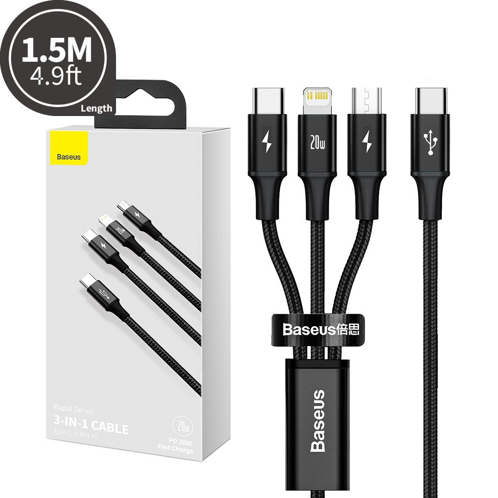 Baseus Rapid Series 3-in-1 Fast Charging Data Cable Type-C to C+L+C PD 20W 1.5M-Black