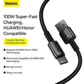 Baseus Tungsten Gold Fast Charging Data Cable USB to Type-C 100W 1/2m-Black