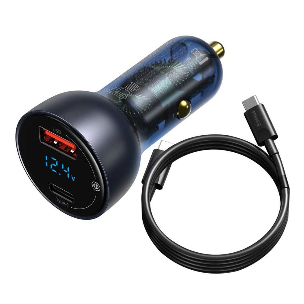 Baseus Particular Digital Display QC+PPS Dual Quick Charger Car Charger 65W (With Type-C to Type-C 100W Cable (20V/5A) 1m)-Dark Gray