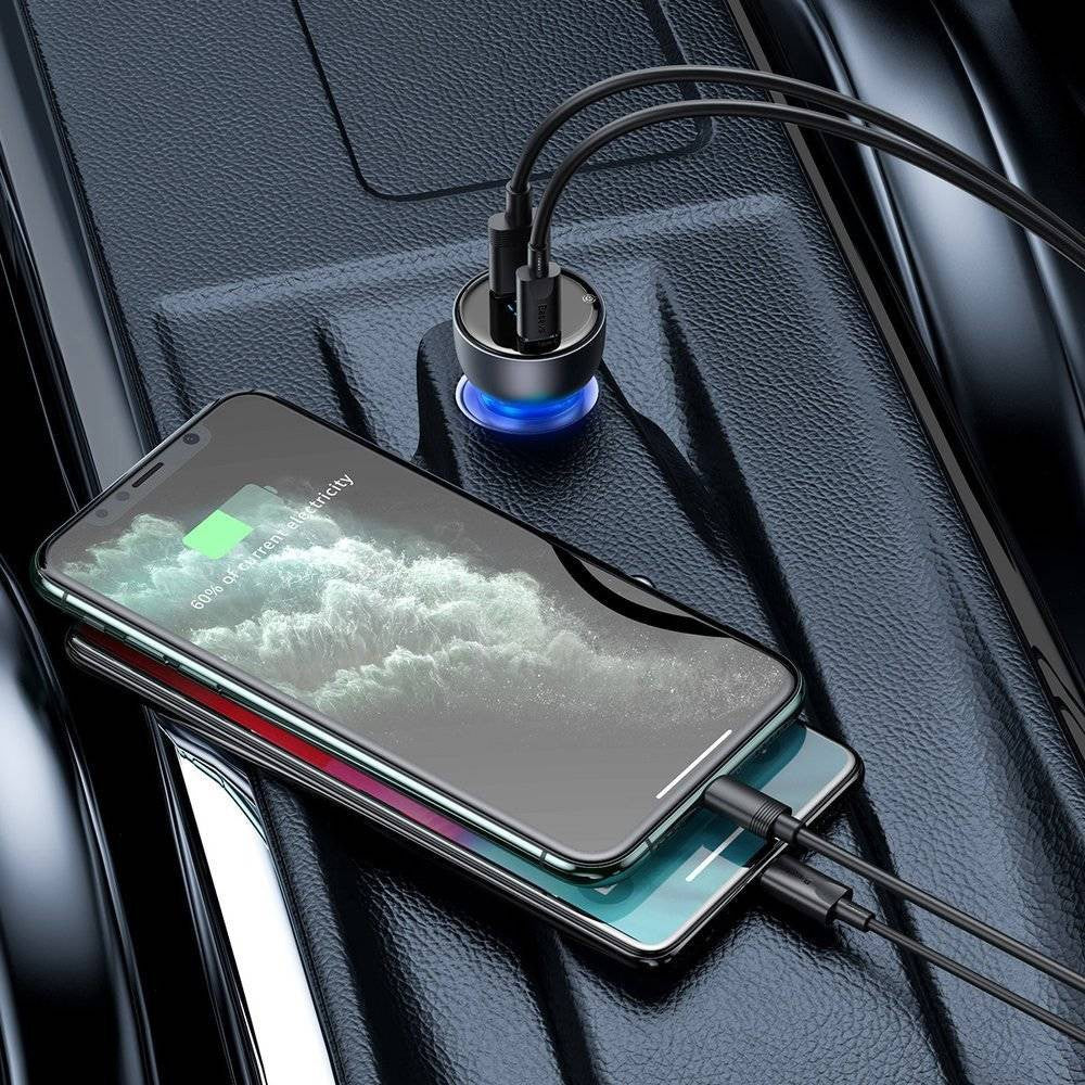 Baseus Particular Digital Display QC+PPS Dual Quick Charger Car Charger 65W (With Type-C to Type-C 100W Cable (20V/5A) 1m)-Dark Gray