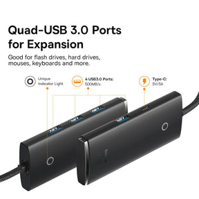 Baseus Lite Series 4-Port USB-A HUB Adapter (USB-A to USB 3.0*4 ) 1m-Black