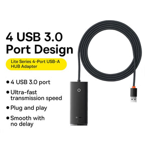 Baseus Lite Series 4-Port Type-C HUB Adapter (Type-C to USB 3.0*4 ) 25cm/1m-Black