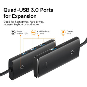 Baseus Lite Series 4-Port Type-C HUB Adapter (Type-C to USB 3.0*4 ) 25cm/1m-Black