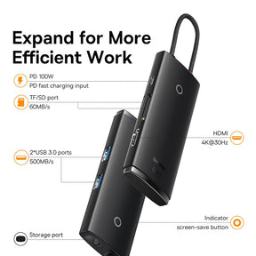Baseus Lite Series 6-Port Type-C HUB Docking Station (Type-C to HDMI+USB3.0*2+PD+SD/TF)-Black