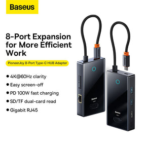 Baseus PioneerJoy 8-Port Type-C HUB Adapter (Type-C to HDMI4K@60Hz*1+USB3.0*2+USB2.0*1+PD*1+RJ45*1+SD/TF*1)-Gray